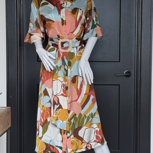 Zara Belted Multicolor Midi Shirt Dress Size XS - Picture 2 of 10